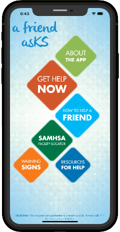 Display of the "A Friend AsKS" youth suicide prevention mobile app